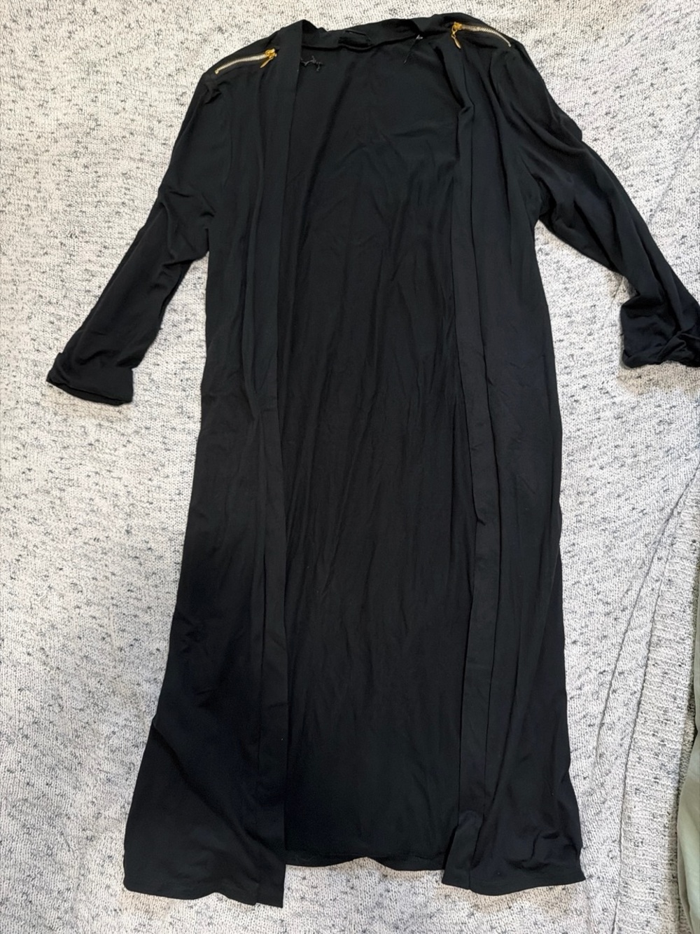 Black Long Open Front Duster with Gold Zip Accents